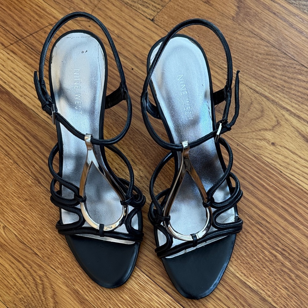 Nine West Black  Silver & Black Strappy Heels. Size 8
